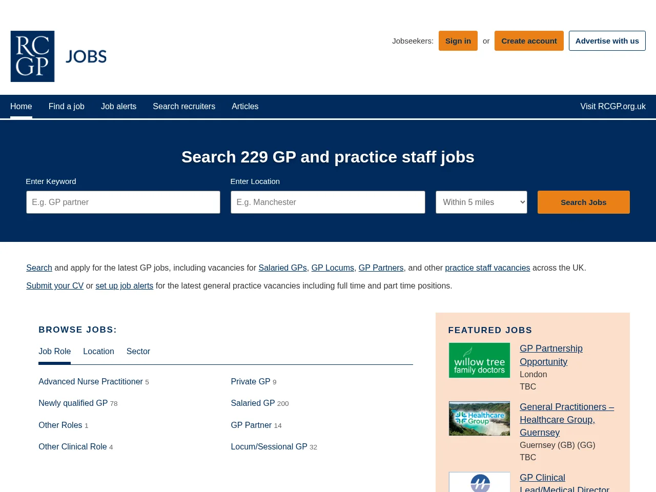 RCGP Jobs job board platform screenshot showing job search interface