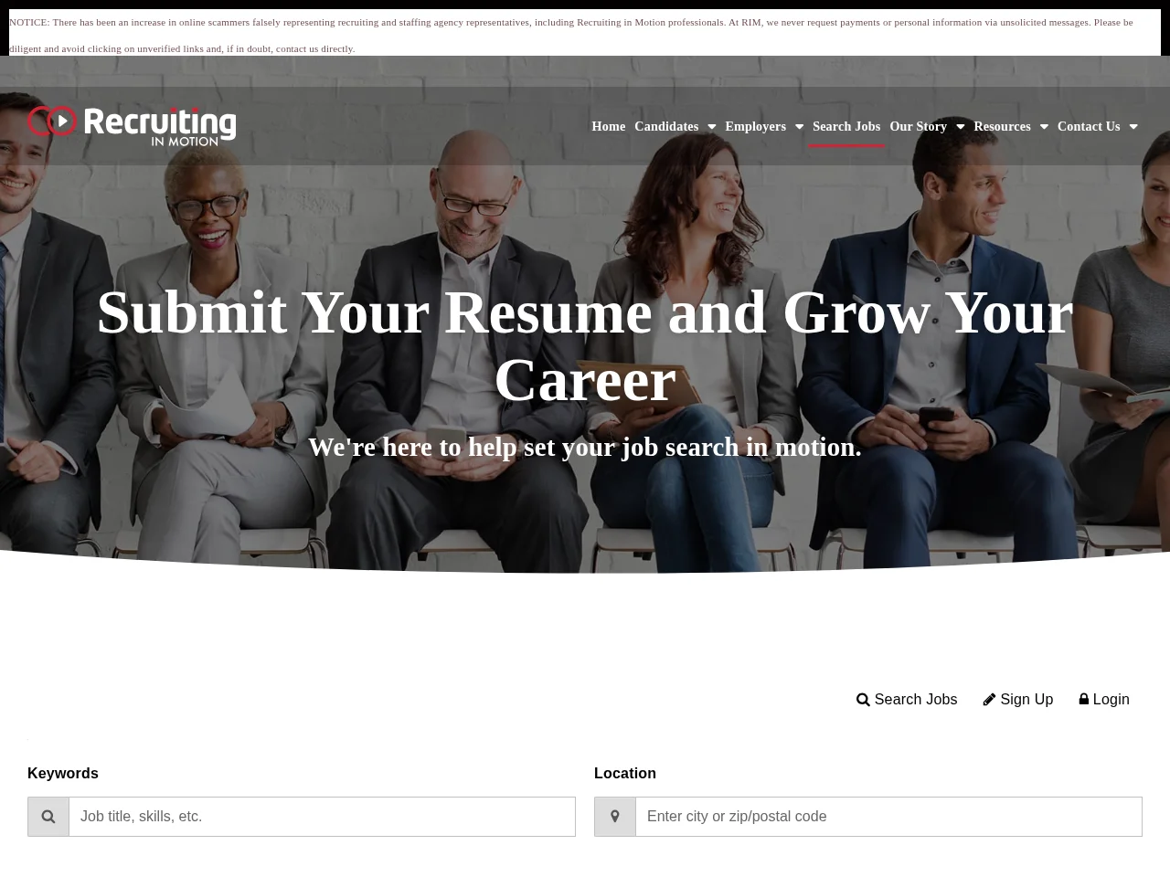 Recruiting in Motion job board platform screenshot showing job search interface