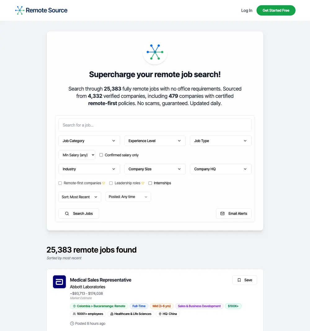 Remote Source job board platform screenshot showing job search interface