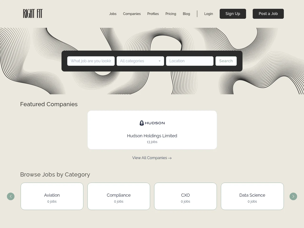 Jobs by Right Fit job board platform screenshot showing job search interface