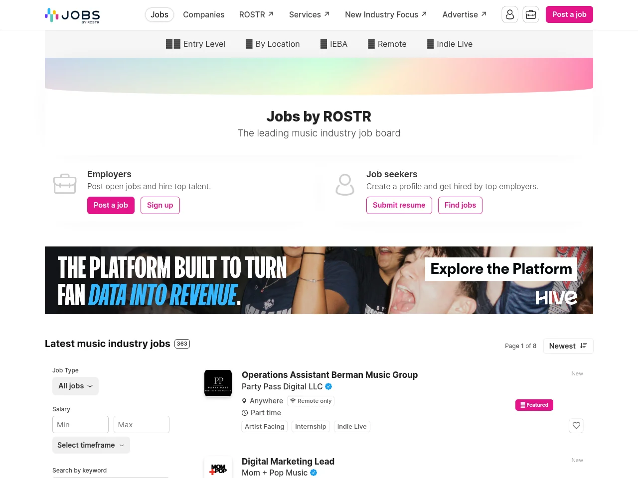 ROSTR Jobs job board platform screenshot showing job search interface