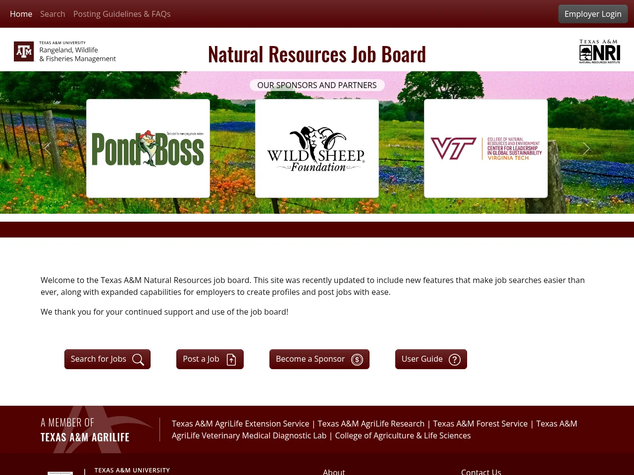 Texas A&M Natural Resources Job Board screenshot Texas A&M Natural Resources Job Board job board platform screenshot showing job search interface