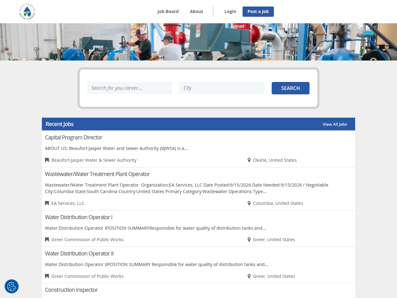 scwatercareers.org job board platform screenshot showing job search interface