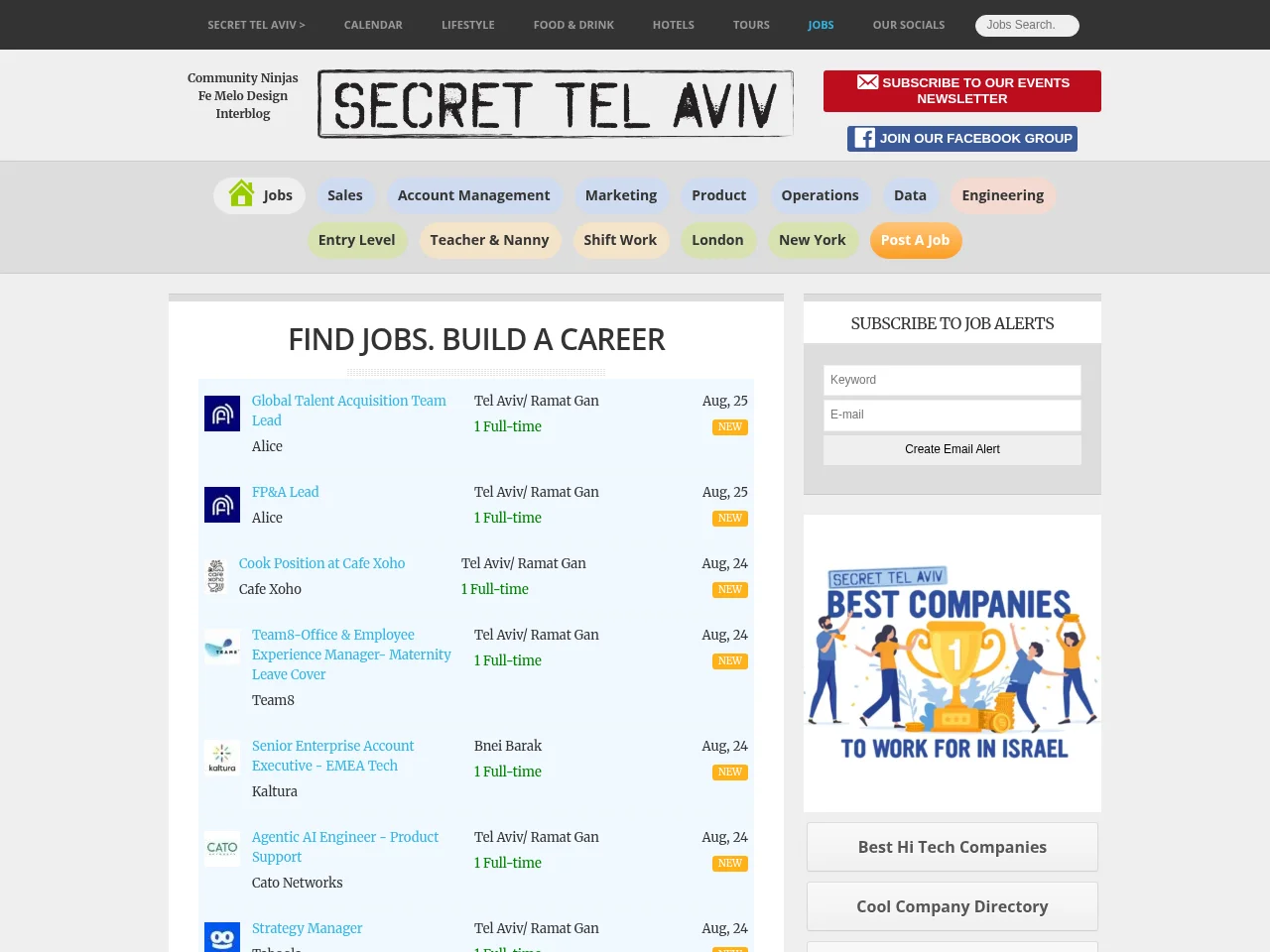 Secret Tel Aviv Jobs job board platform screenshot showing job search interface