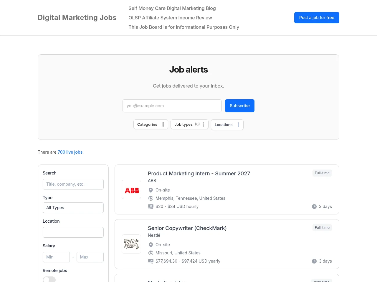 Digital Marketing Jobs job board platform screenshot showing job search interface