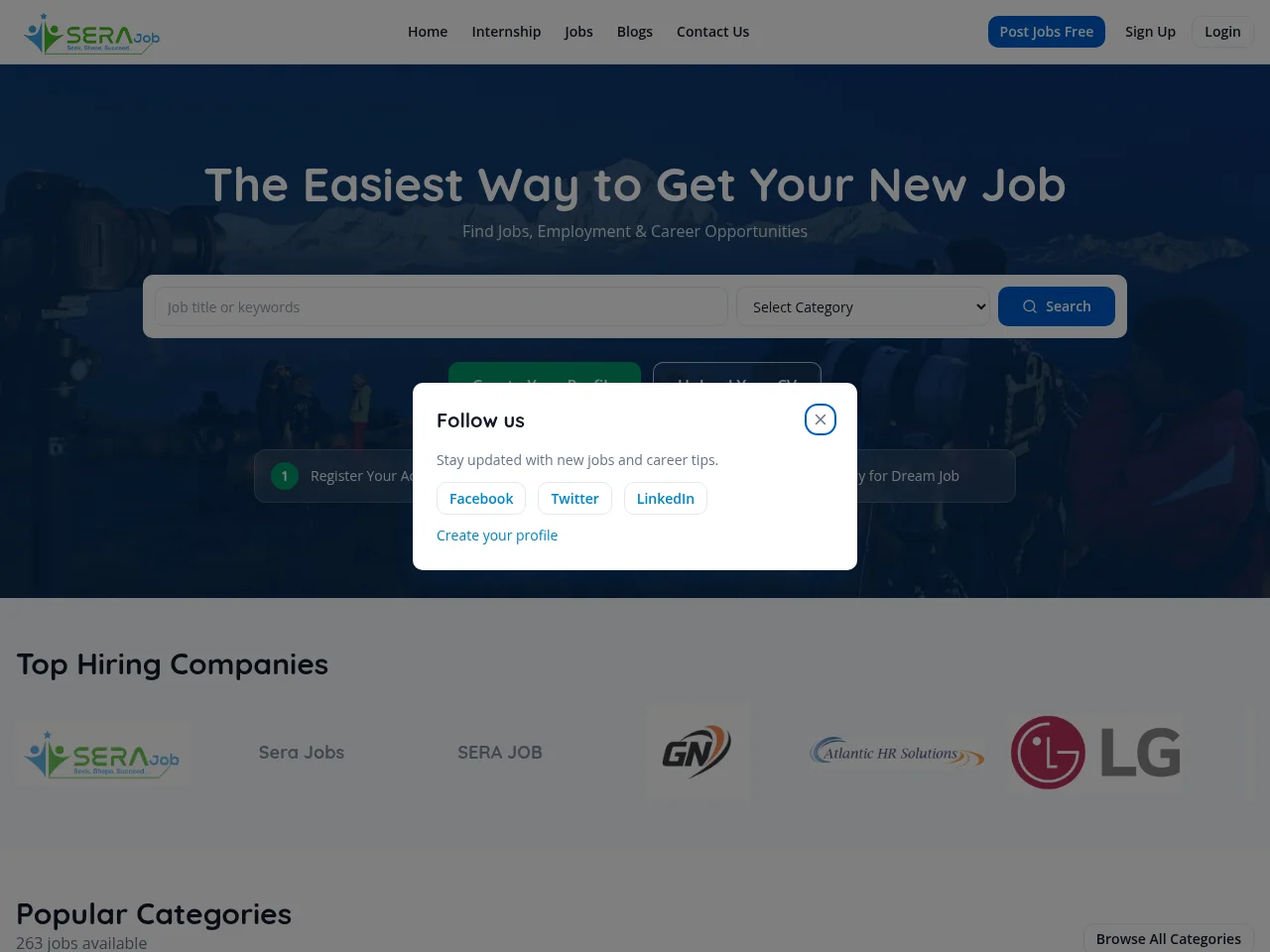 Sera Jobs job board platform screenshot showing job search interface