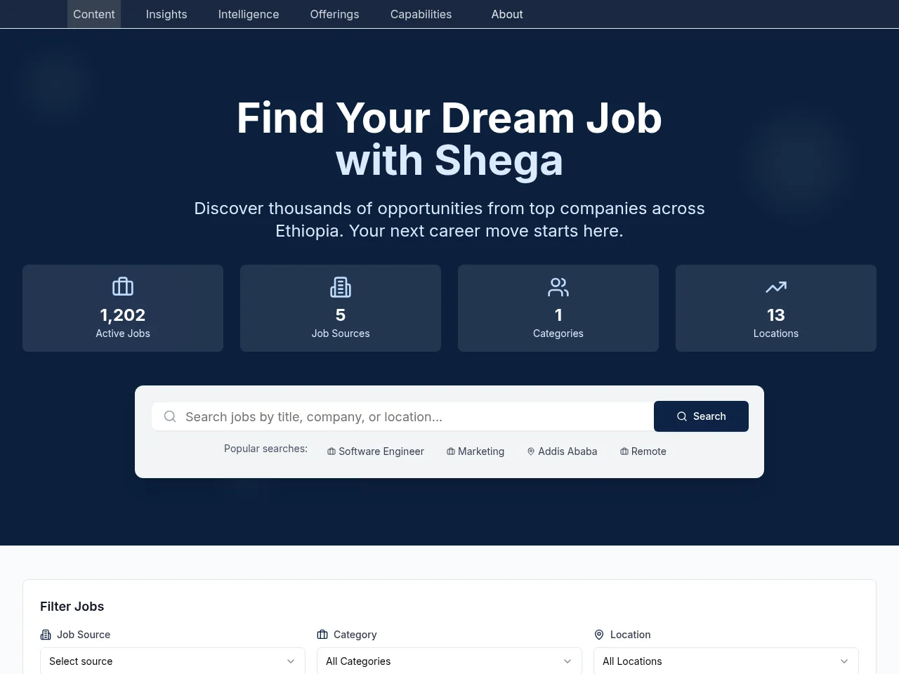Shega Job Board job board platform screenshot showing job search interface