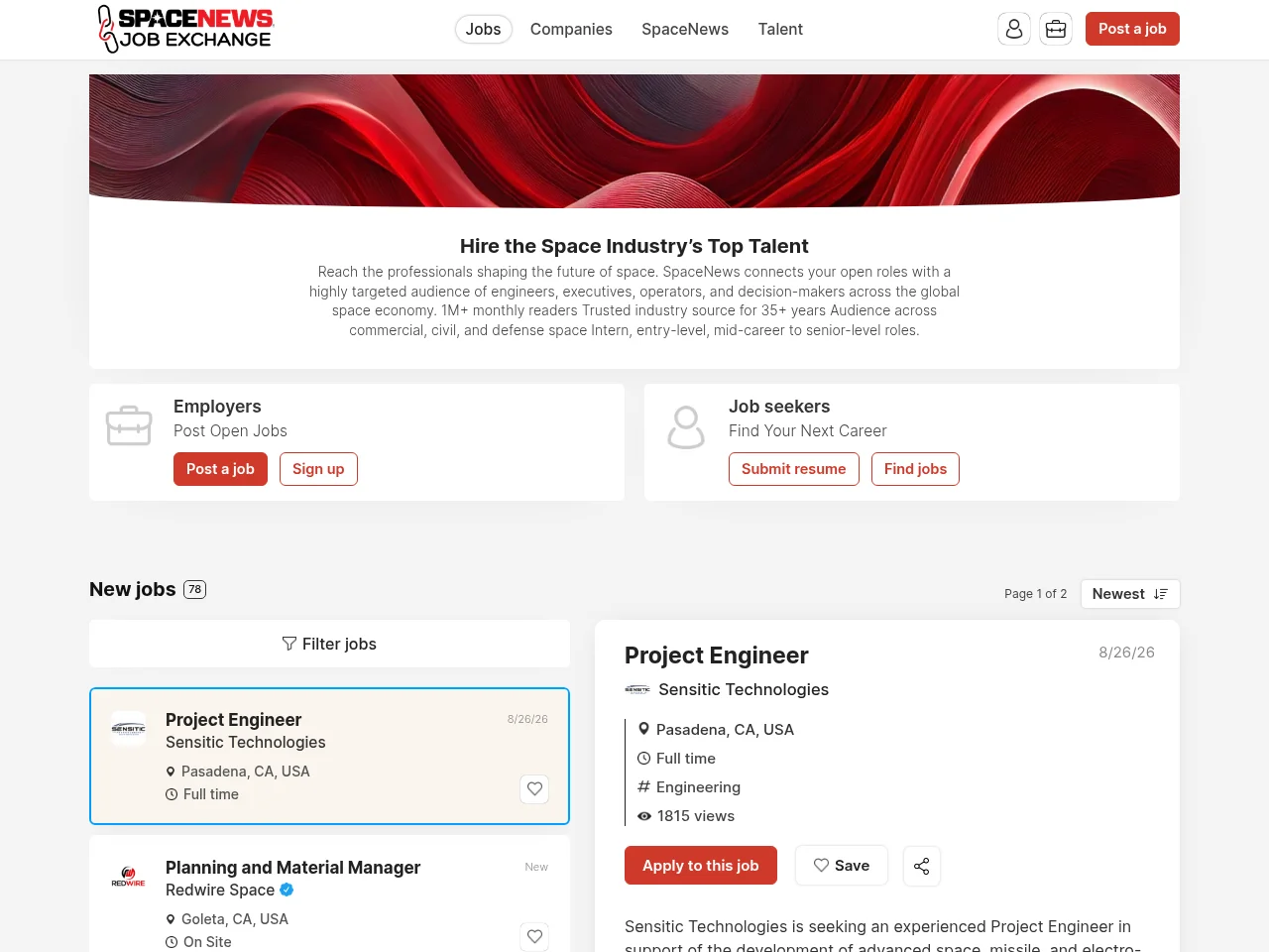 SpaceNews Job Exchange screenshot SpaceNews Job Exchange job board platform screenshot showing job search interface