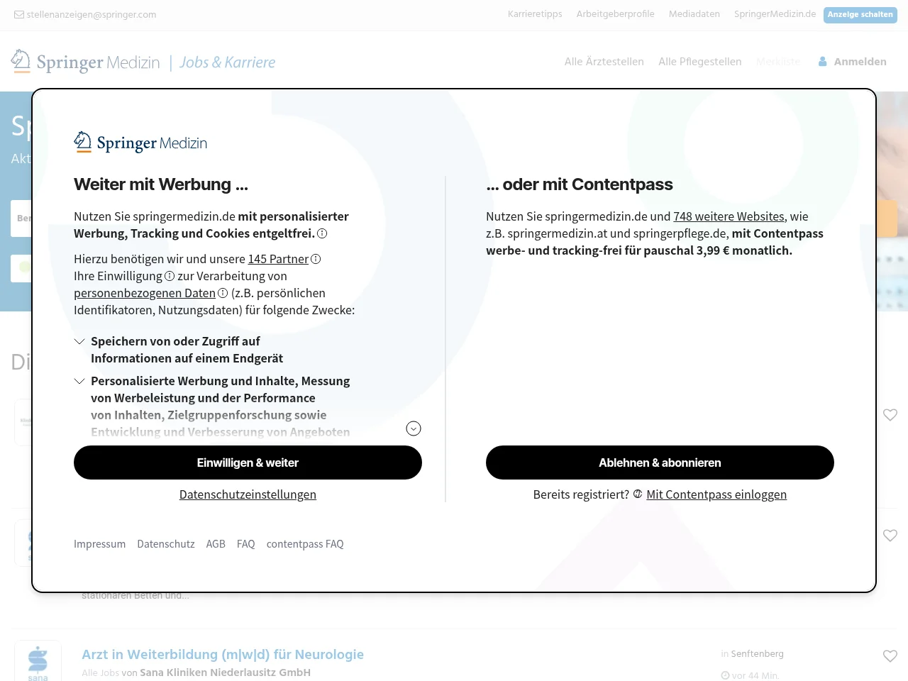 SpringerMedizin.de/Jobs job board platform screenshot showing job search interface