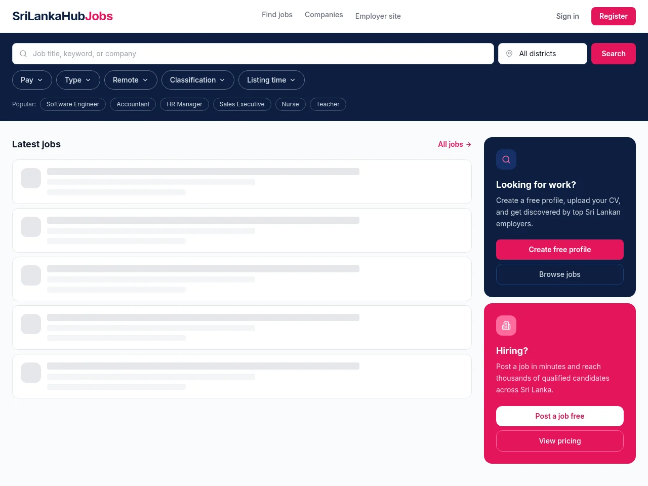 SriLankaHubsJob job board platform screenshot showing job search interface