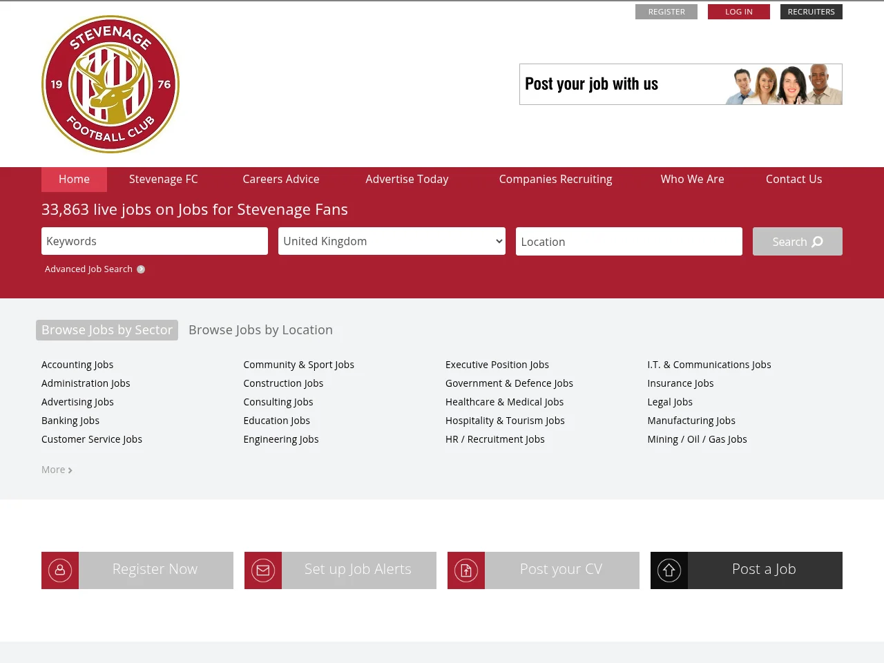 Jobs for Stevenage Fans job board platform screenshot showing job search interface