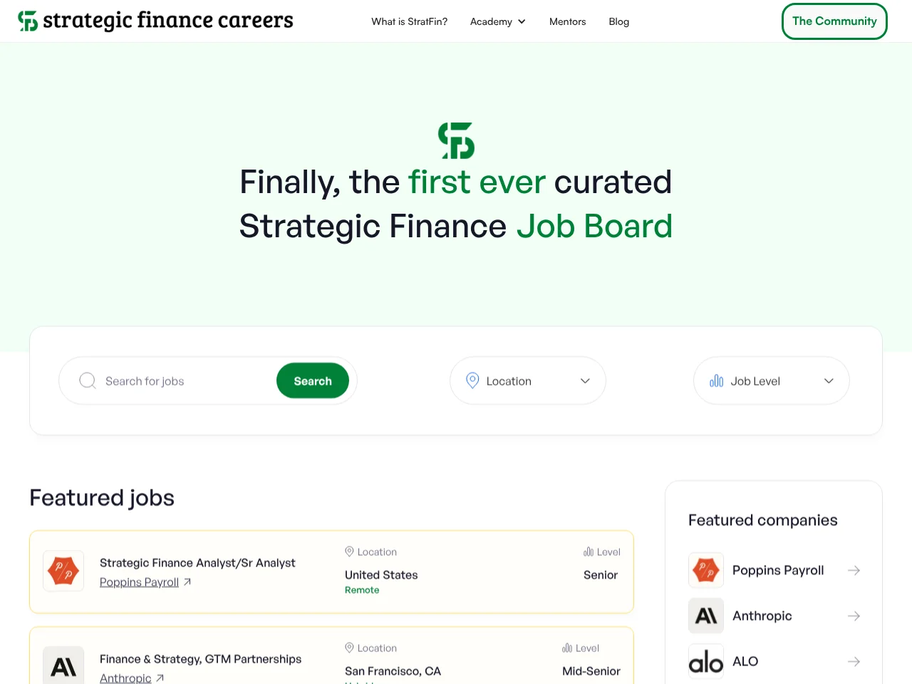 Strategic Finance Careers Job Board job board platform screenshot showing job search interface