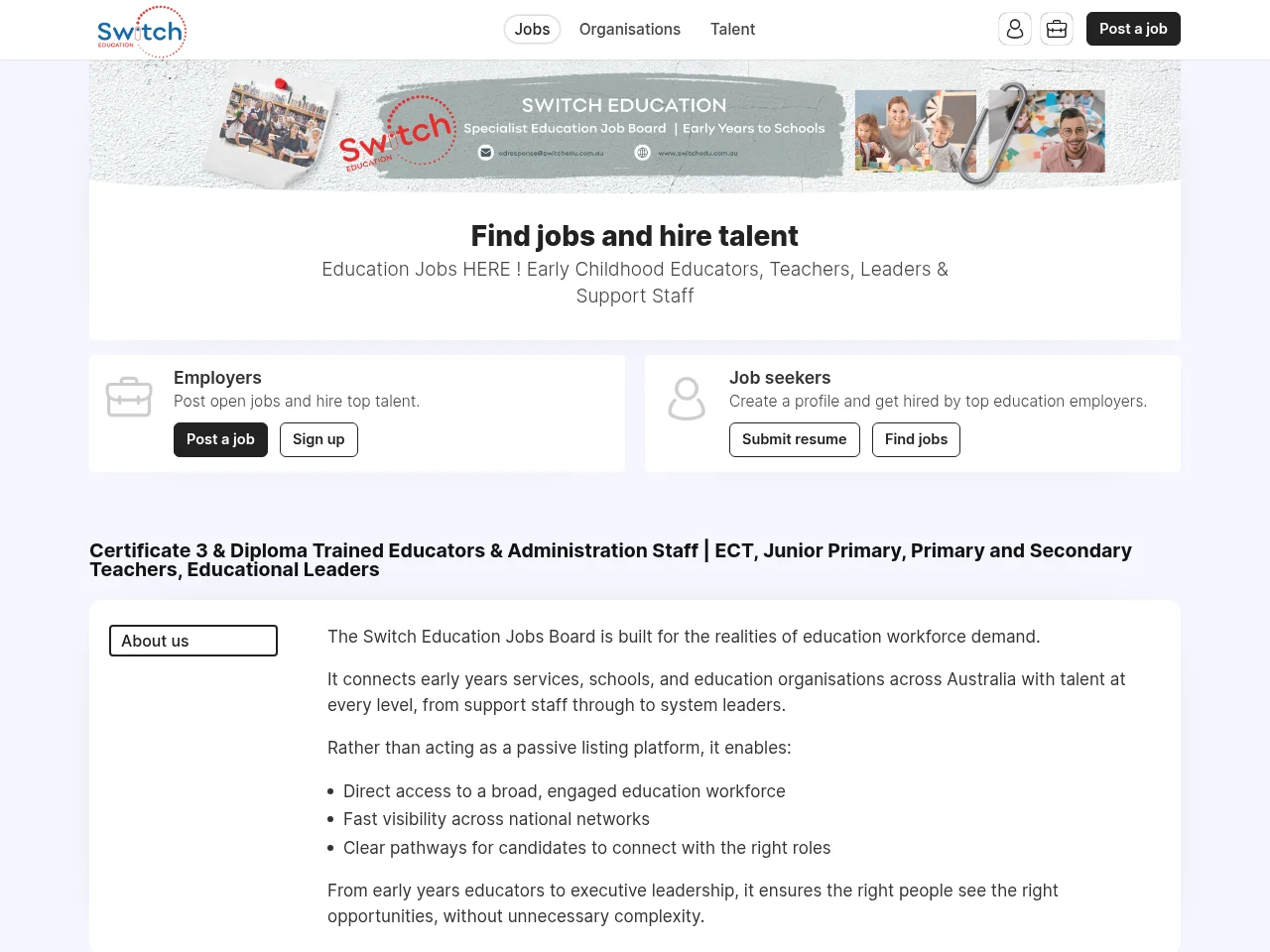 Switch Education job board platform screenshot showing job search interface
