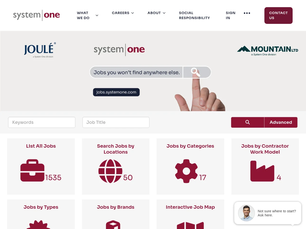 System One Jobs job board platform screenshot showing job search interface