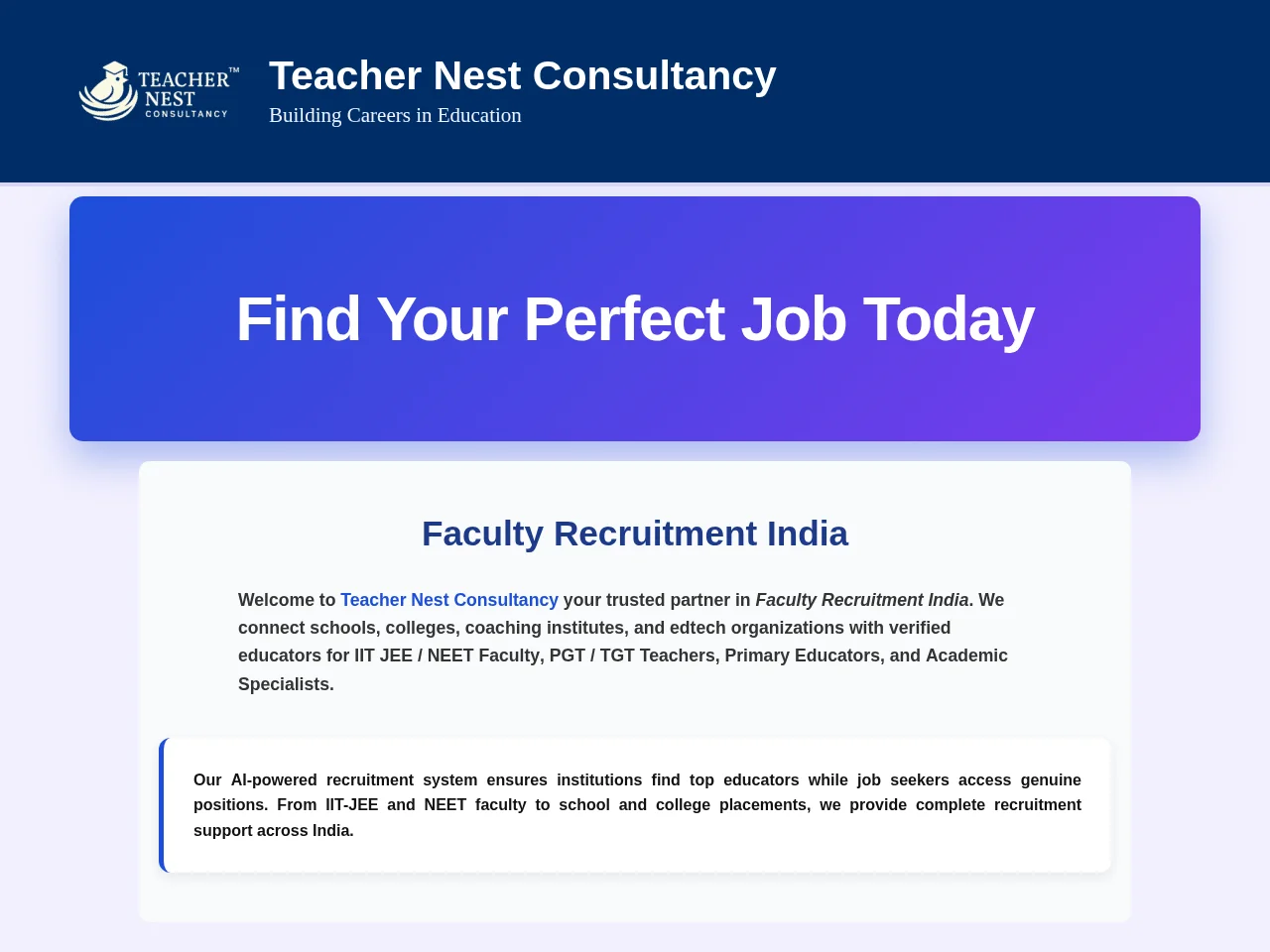 Teacher Nest Consultancy screenshot Teacher Nest Consultancy job board platform screenshot showing job search interface