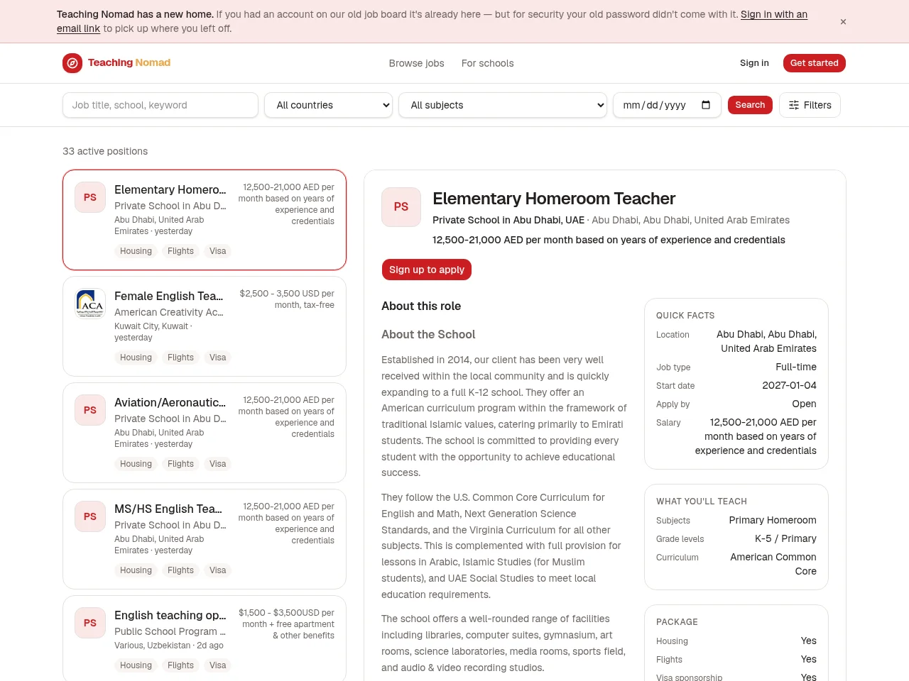 Teaching Nomad screenshot Teaching Nomad job board platform screenshot showing job search interface