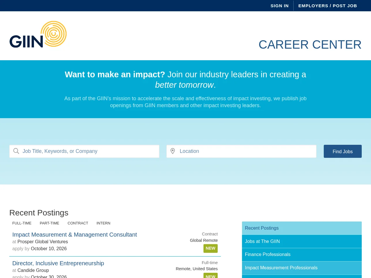 Impact Investing Jobs screenshot Impact Investing Jobs job board platform screenshot showing job search interface
