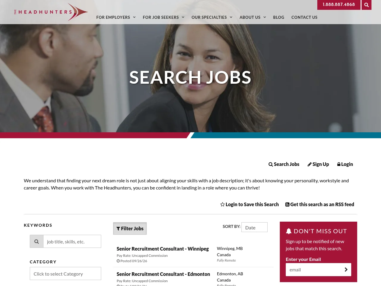 The Headhunters job board platform screenshot showing job search interface