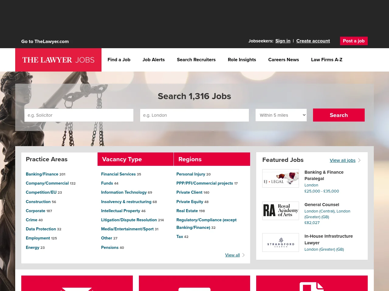 The Lawyer Jobs job board platform screenshot showing job search interface
