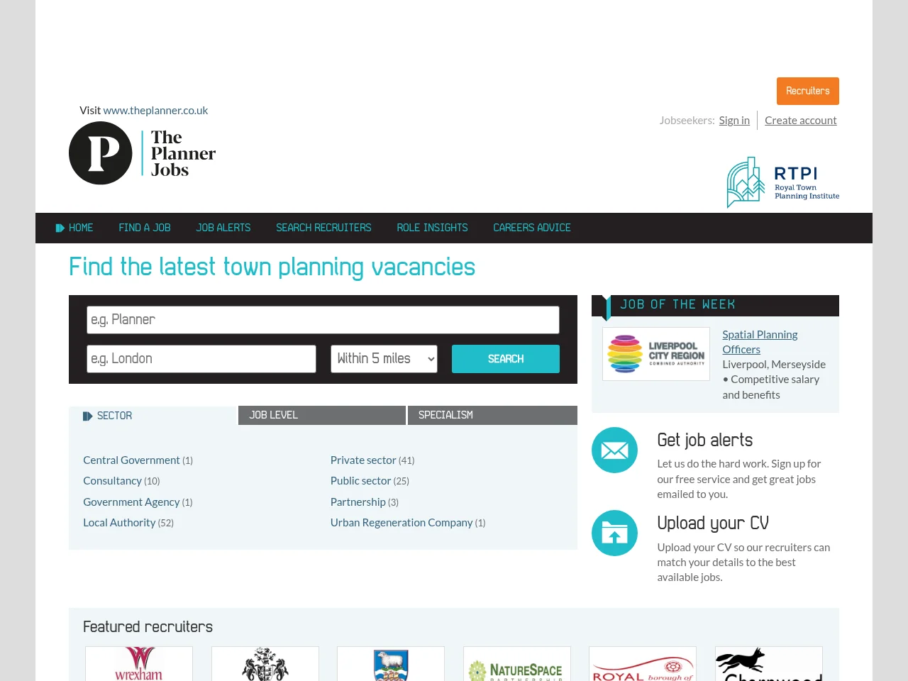 The Planner Jobs job board platform screenshot showing job search interface