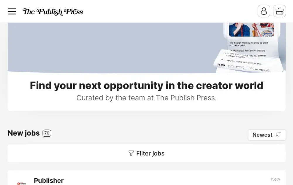 The Publish Press Jobs screenshot The Publish Press Jobs job board platform screenshot showing job search interface