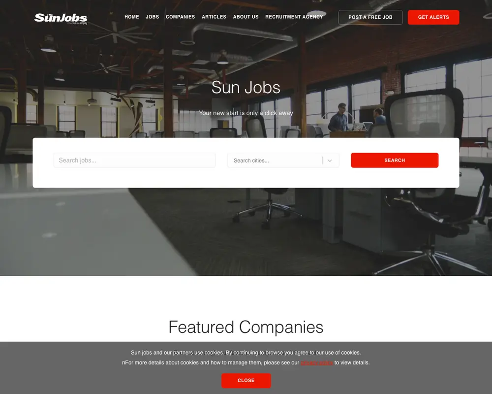 Sun Jobs screenshot Sun Jobs job board platform screenshot showing job search interface
