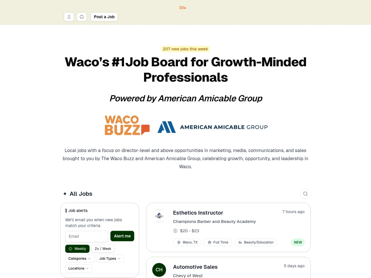 The Waco Buzz Jobs screenshot The Waco Buzz Jobs job board platform screenshot showing job search interface