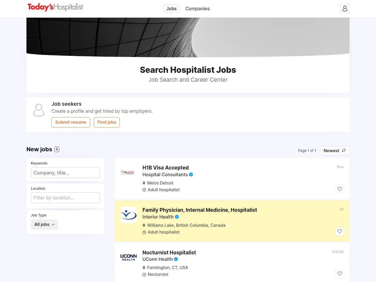 Today's Hospitalist screenshot Today's Hospitalist job board platform screenshot showing job search interface