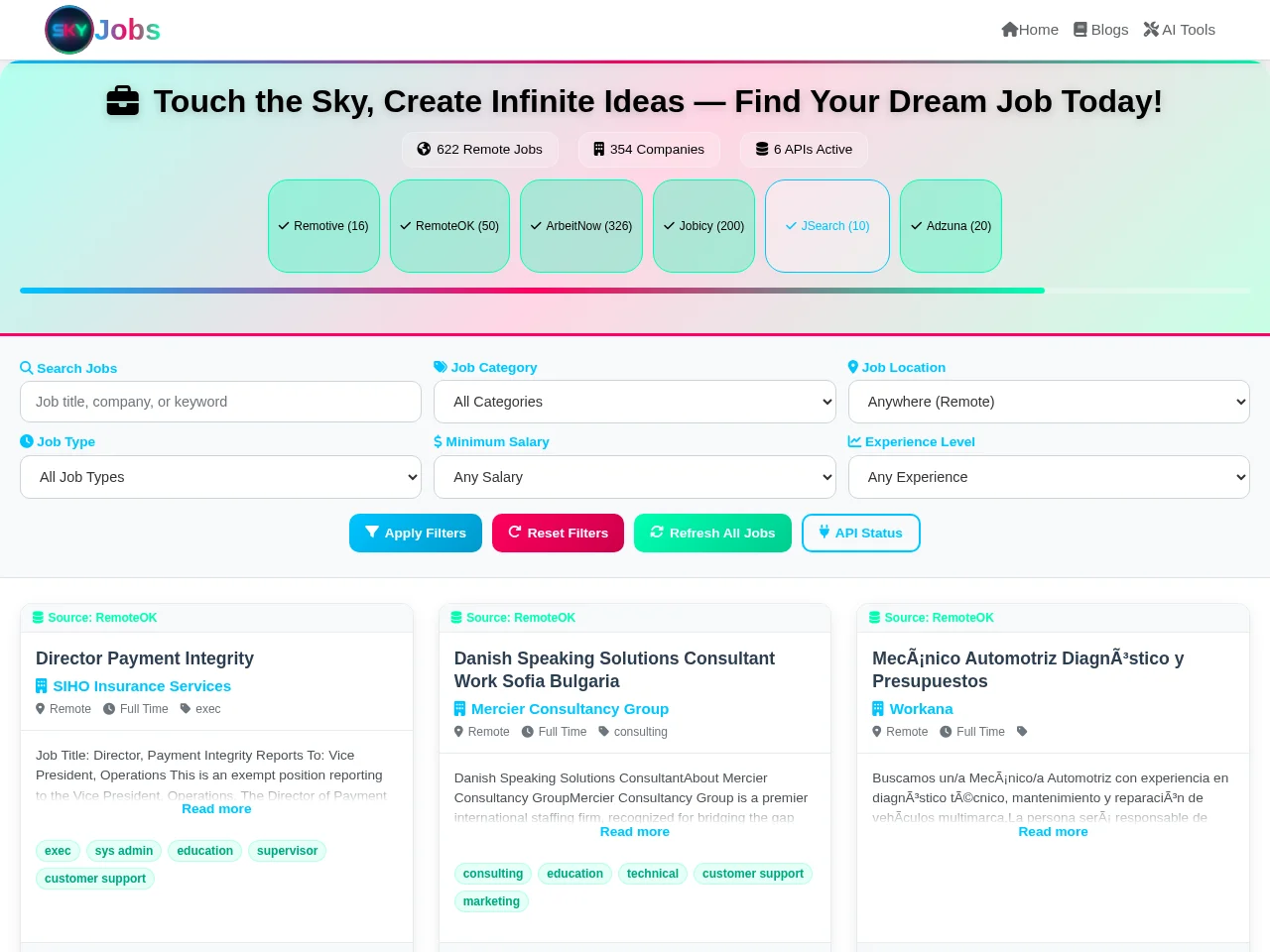 TrainWithSky Jobs job board platform screenshot showing job search interface