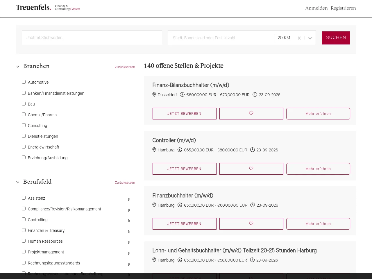 Treuenfels Personalberatung job board platform screenshot showing job search interface