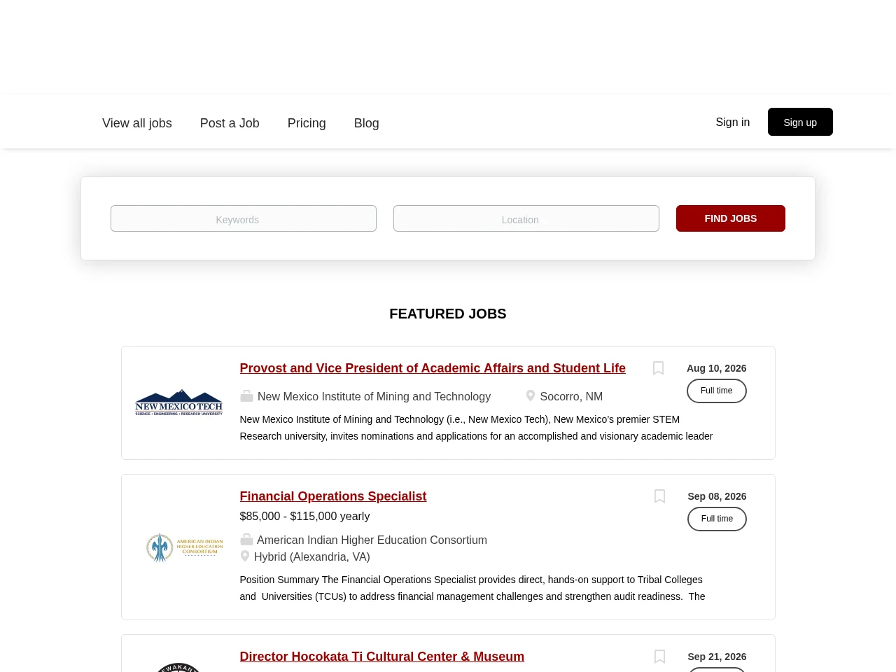 Tribal College Journal Job Board job board platform screenshot showing job search interface