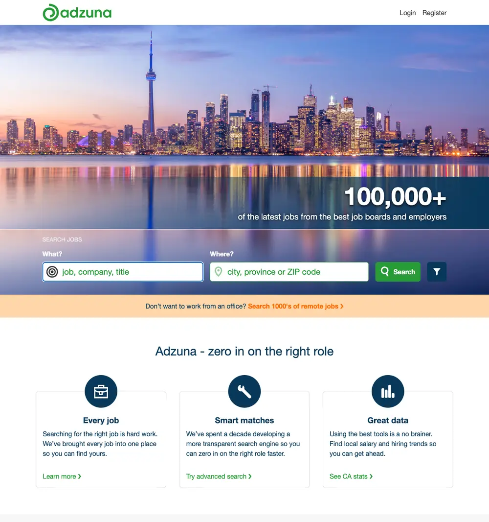 Adzuna Canada screenshot Adzuna Canada job board platform screenshot showing job search interface