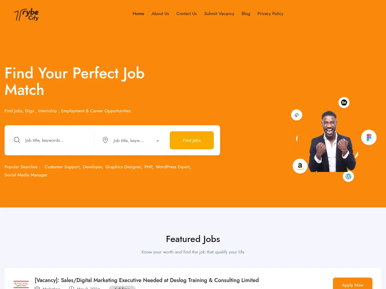 Trybe City Jobs job board platform screenshot showing job search interface