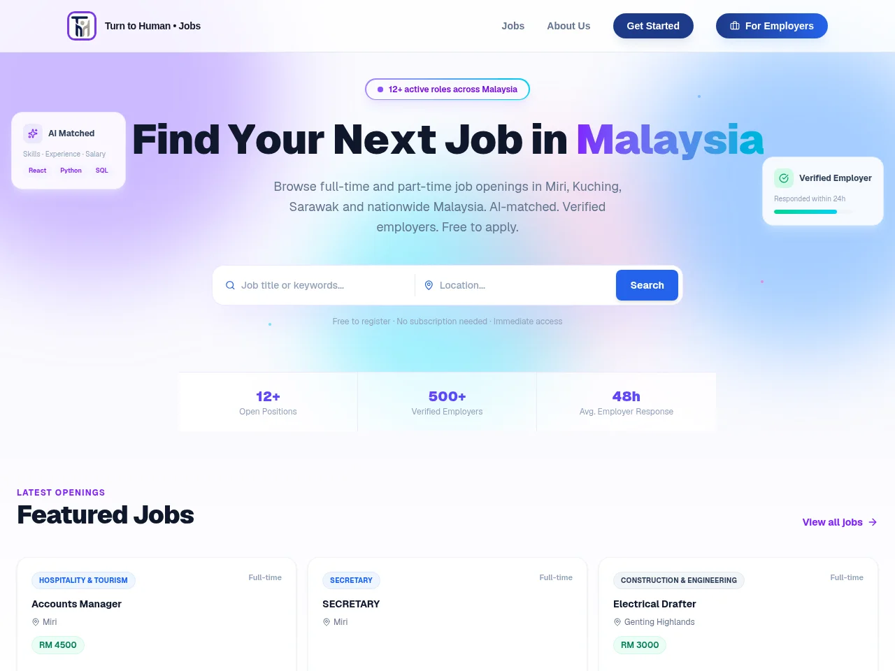 TurntoHuman Jobs job board platform screenshot showing job search interface