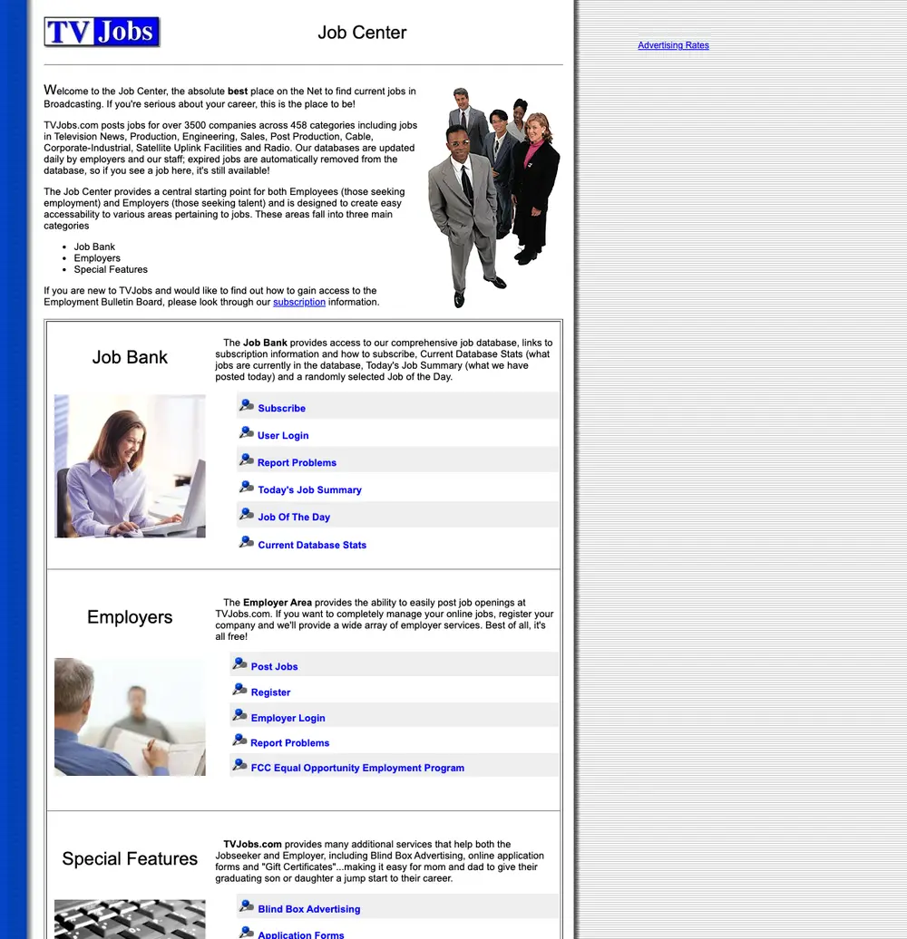 TVJobs.com job board platform screenshot showing job search interface