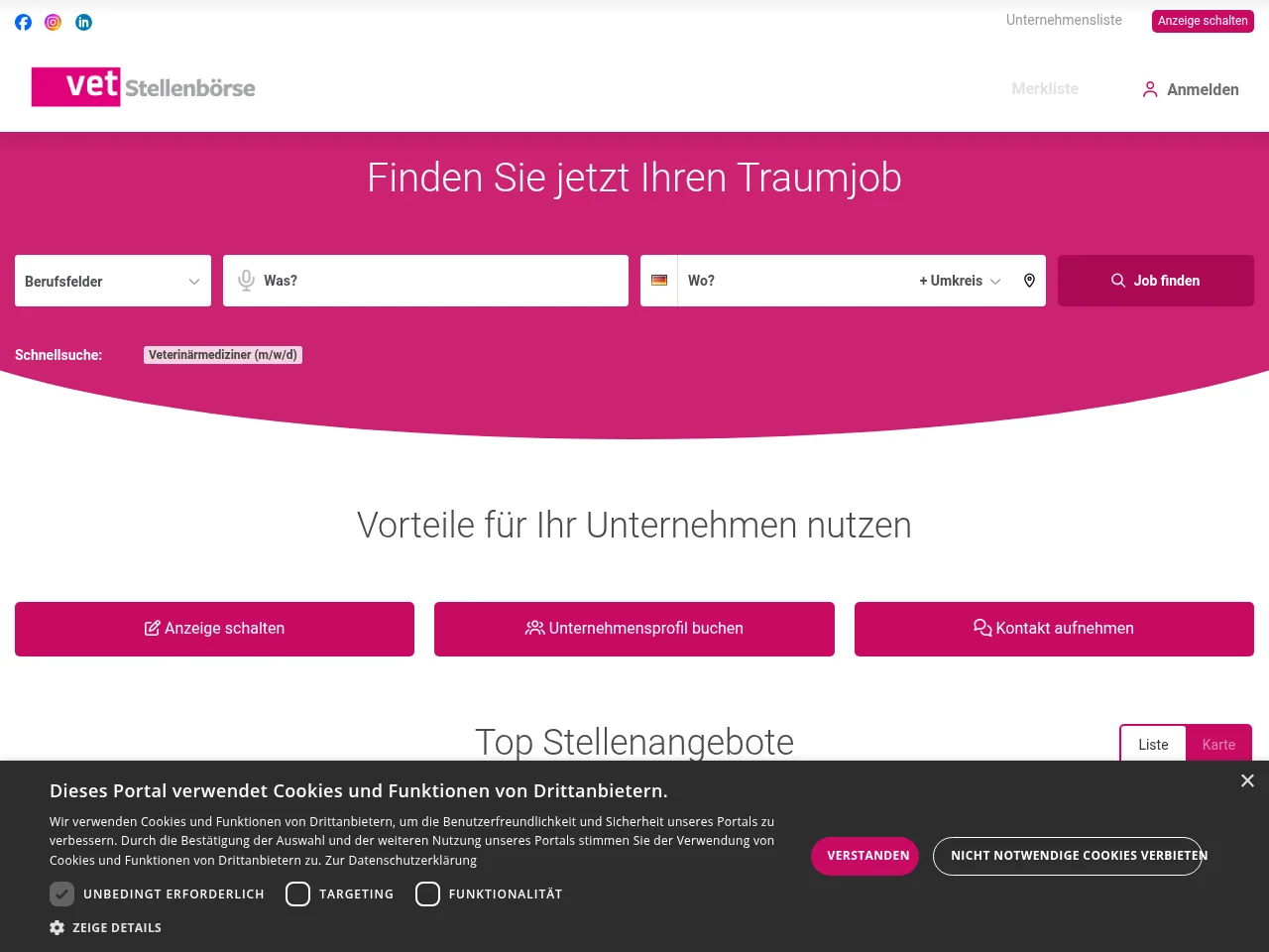 vet Stellenbörse job board platform screenshot showing job search interface