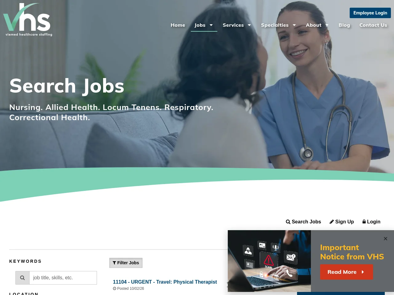 VieMed Healthcare Staffing job board platform screenshot showing job search interface