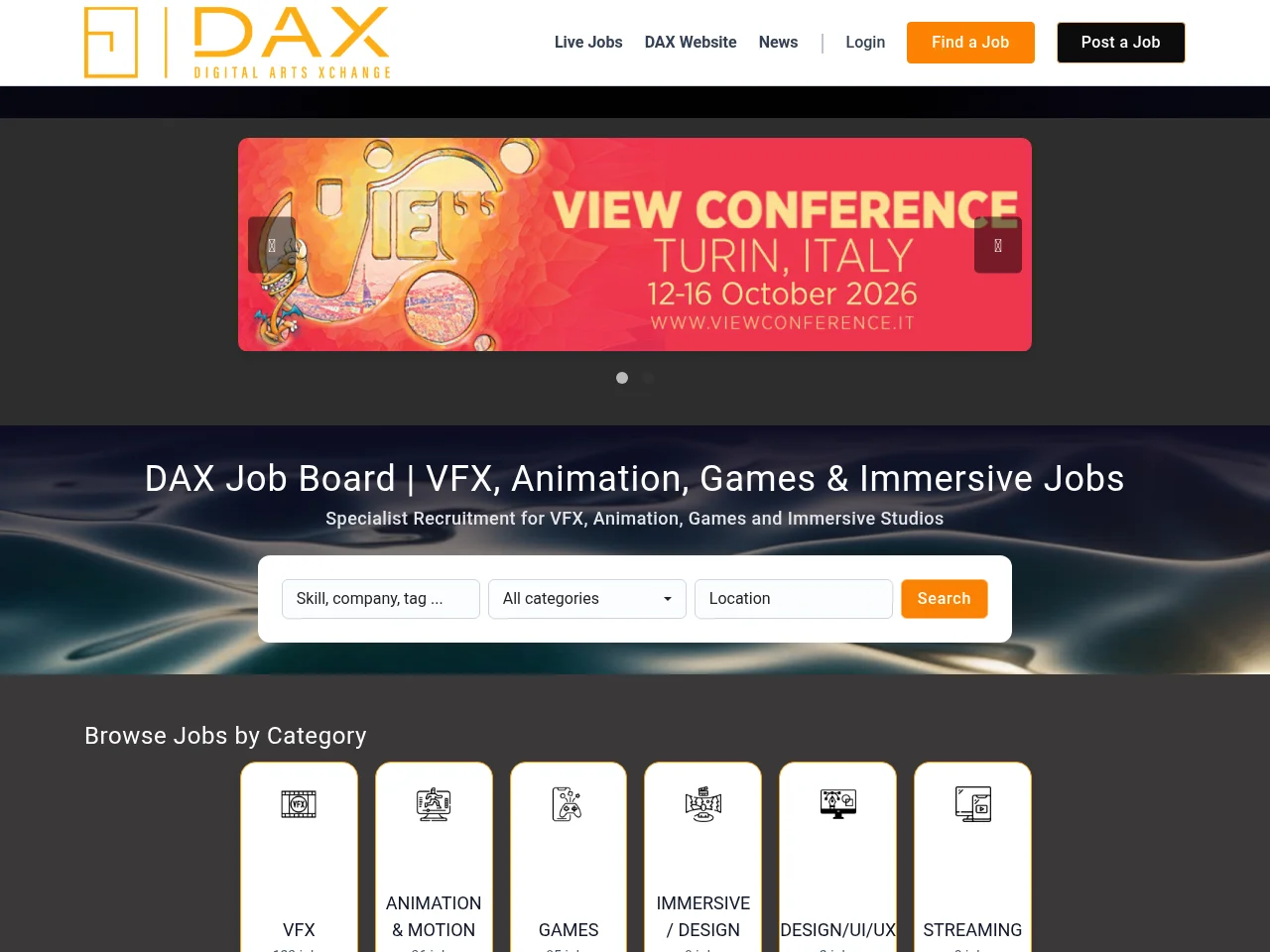 DAX Job Board job board platform screenshot showing job search interface