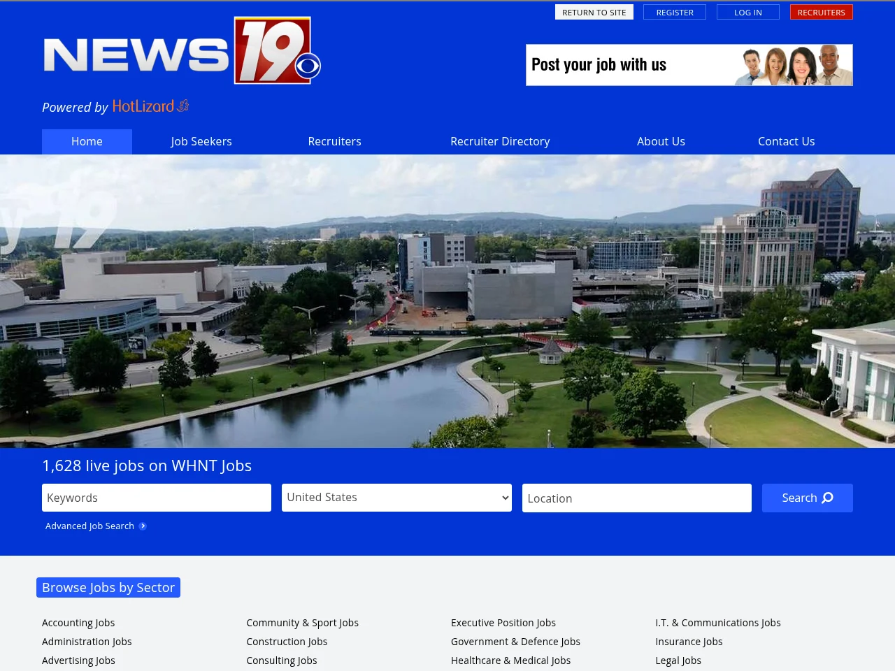 WHNT Jobs job board platform screenshot showing job search interface