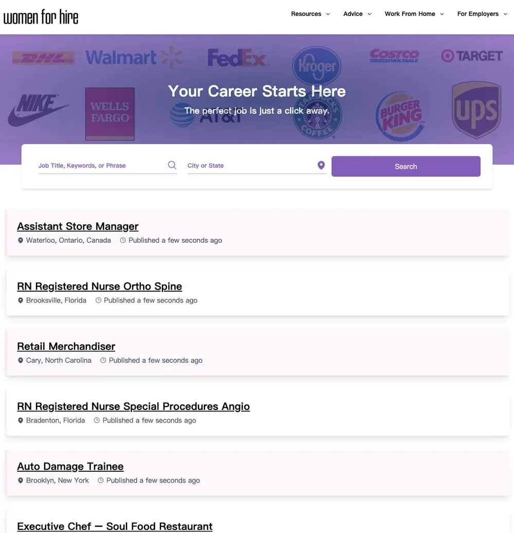 Women For Hire screenshot Women For Hire job board platform screenshot showing job search interface
