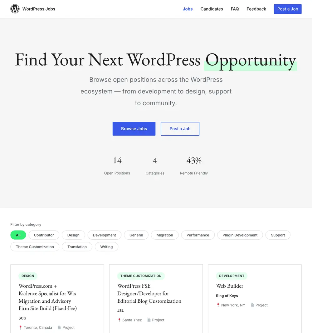 WordPress Jobs screenshot WordPress Jobs job board platform screenshot showing job search interface