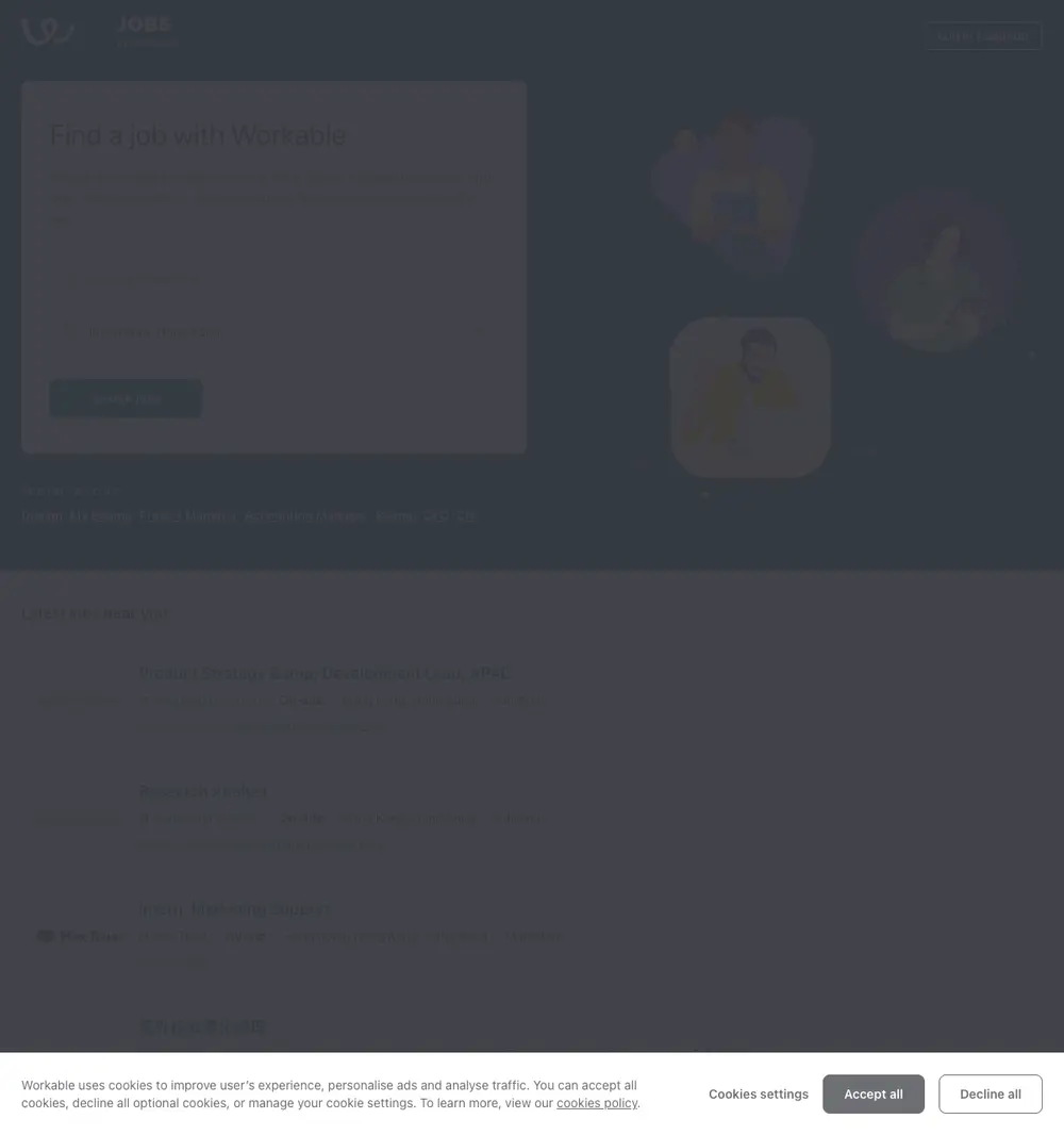 Jobs by Workable job board platform screenshot showing job search interface