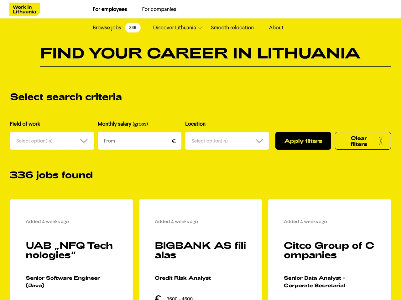 Work in Lithuania screenshot Work in Lithuania job board platform screenshot showing job search interface