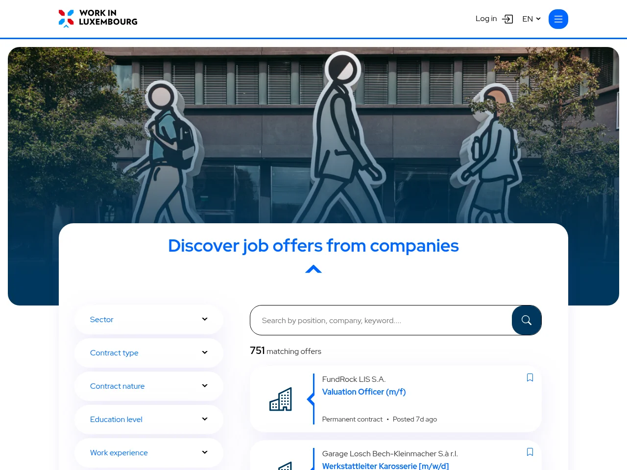 Work in Luxembourg screenshot Work in Luxembourg job board platform screenshot showing job search interface