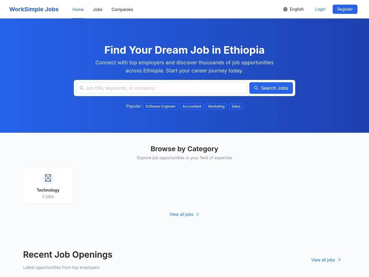 WorkSimple Jobs job board platform screenshot showing job search interface