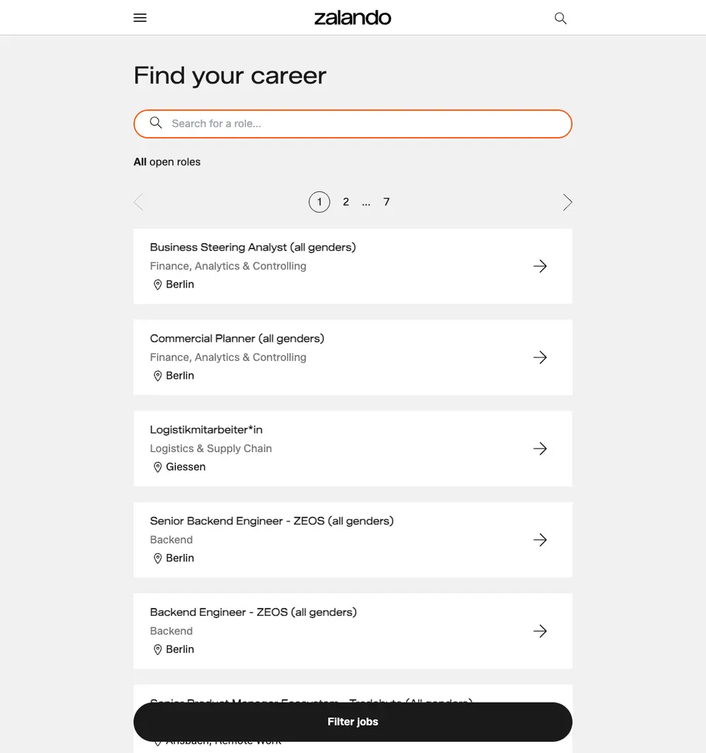 Zalando Jobs job board platform screenshot showing job search interface