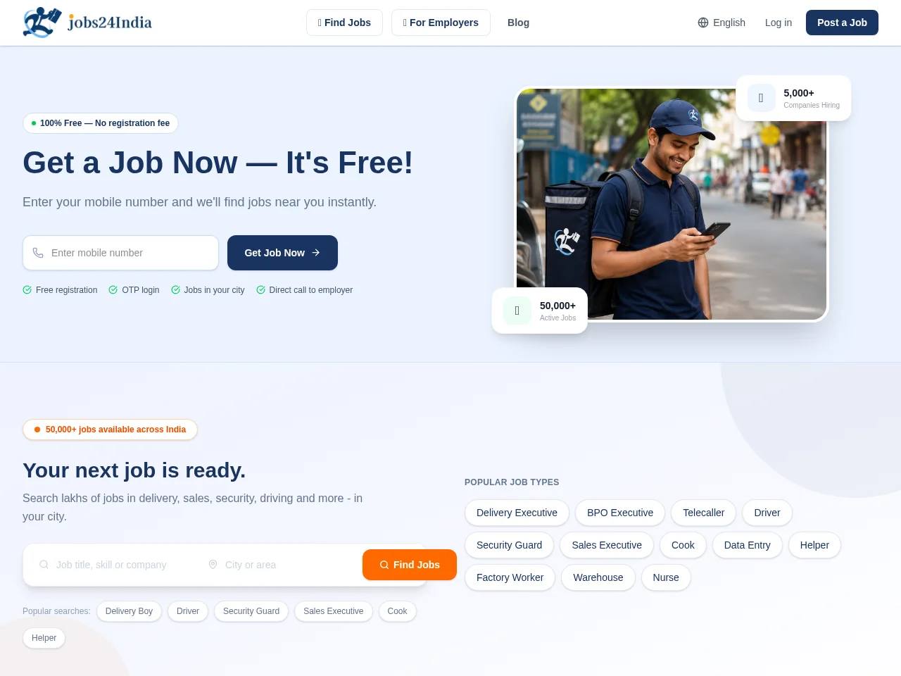 Jobs24India job board platform screenshot showing job search interface