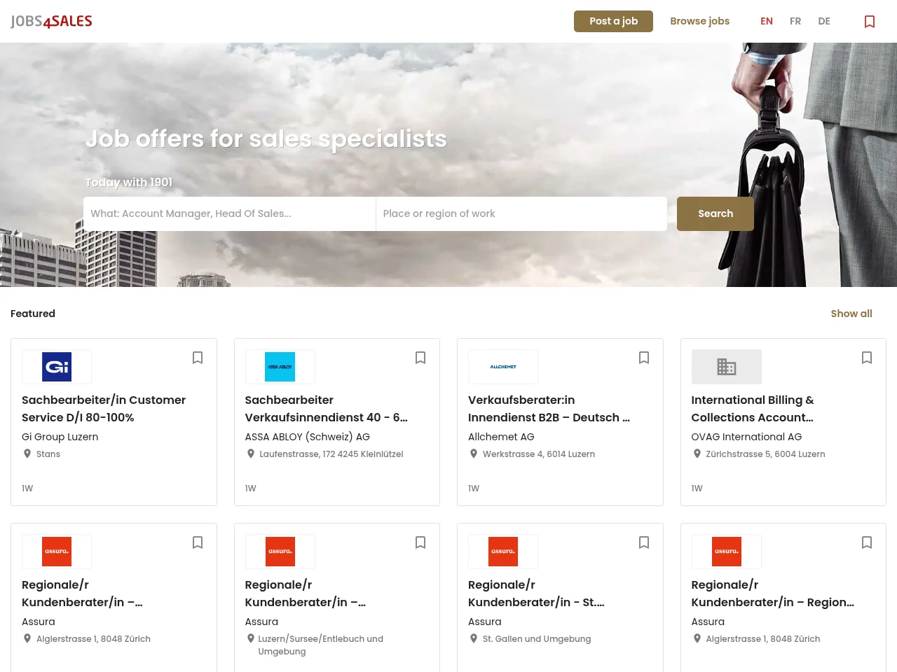 Jobs4Sales job board platform screenshot showing job search interface