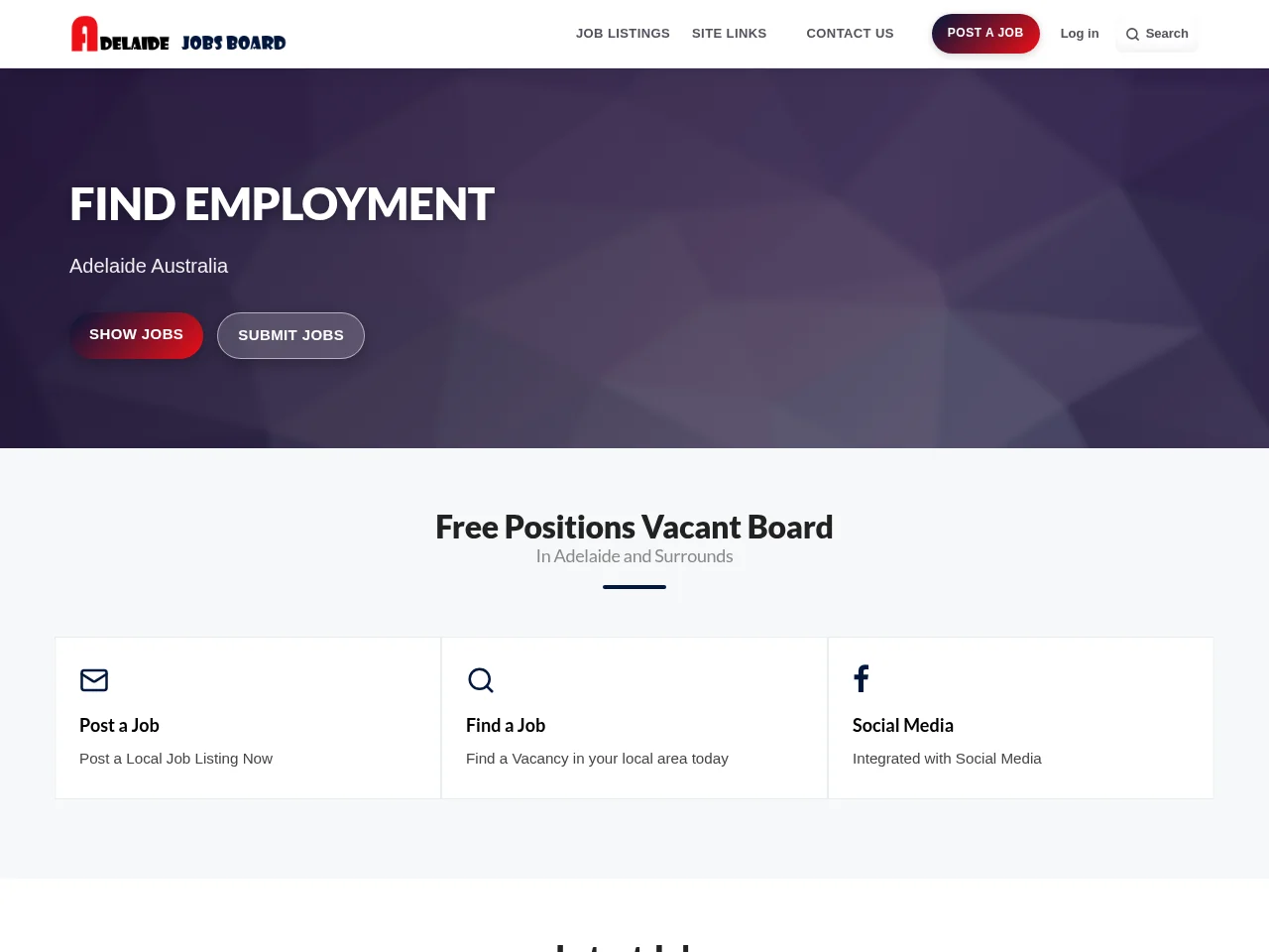 Adelaide Jobs Board job board platform screenshot showing job search interface