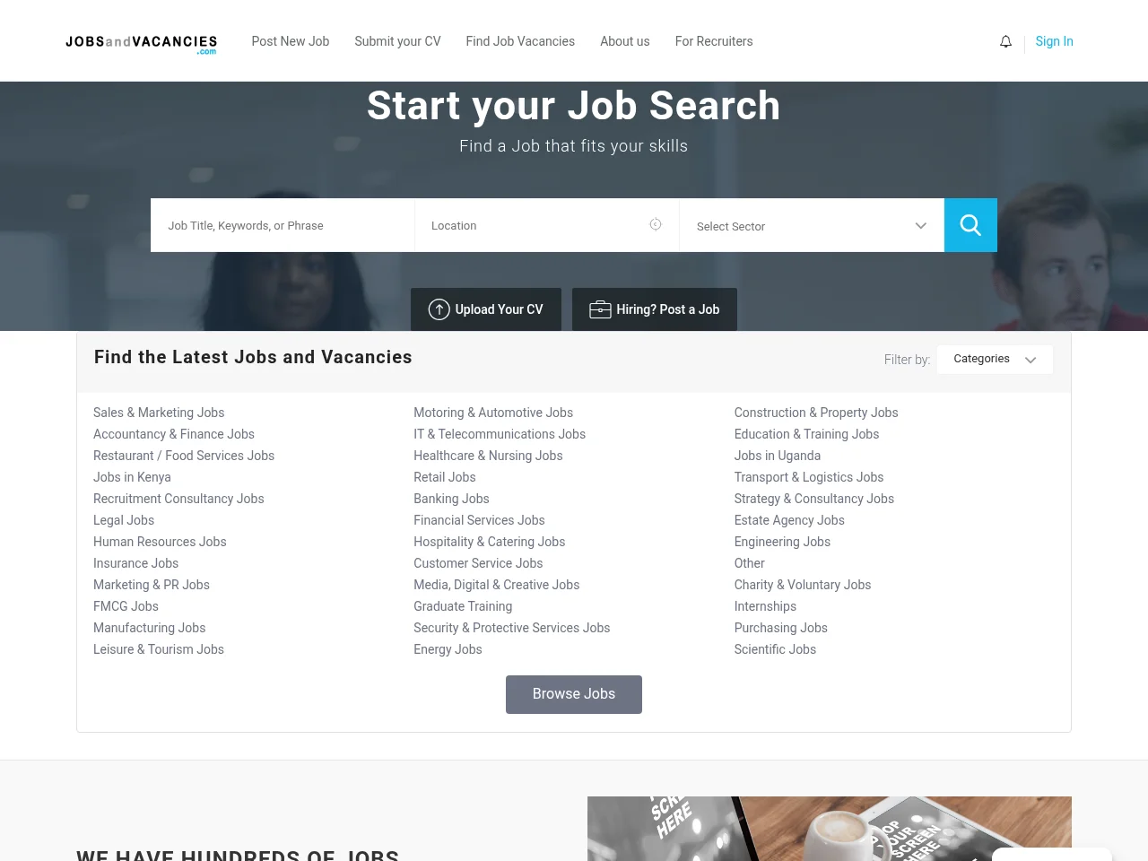 Jobsandvacancies.com job board platform screenshot showing job search interface